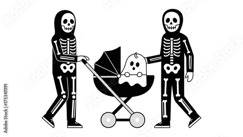 Spooky Family Outing: A whimsical illustration captures a spooky family - parents in skeleton costumes and a ghostly baby in a stroller, embarking on a Halloween adventure.