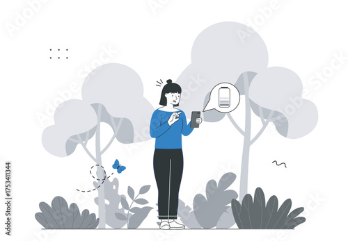 Woman checking phone battery alert outdoors. Vector illustration