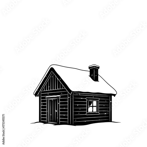 Rustic wooden cabin with snow on the roof and chimney silhouette isolated on white background