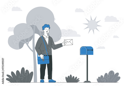 Mailman delivering letter outdoors. Vector illustration