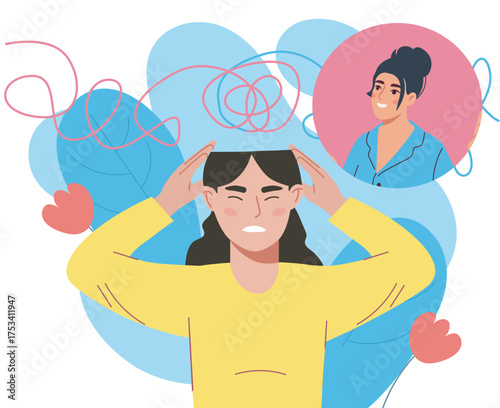 Woman feeling mental stress and confusion. Vector illustration