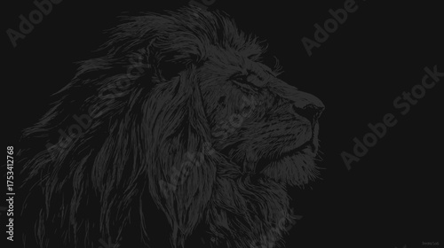Dramatic monochrome portrait of a powerful adult male lion in profile, showcasing its majestic mane against a dark, mysterious background, symbolizing strength and wild nature.