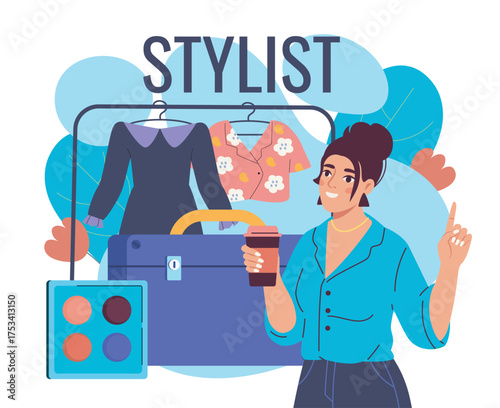 Stylist woman with fashion tools.. Vector illustration
