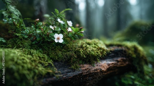 A close-up of blooming flowers surrounded by rich moss and forest greenery, representing the beauty and tranquility found in nature's untouched landscapes.