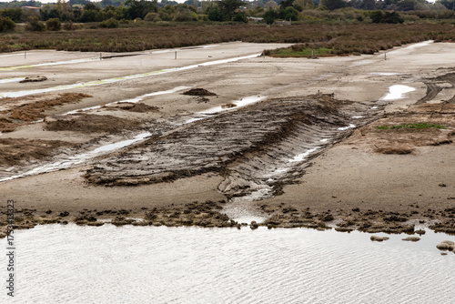 Fotomural Travaux de rehaussement des ilots de nidification des sternes, mouettes, avocettes dans la réserve naturelle régionale du polder de Sébastopol, Noirmoutier