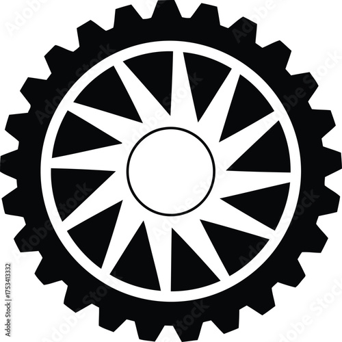 Black silhouette of a gear with twelve triangular spokes and a central hole, isolated on white background