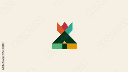 Minimalist geometric illustration of an abstract outdoor tent or tipi with a stylized flame or crown element, modern design concept