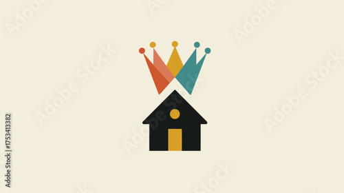 Luxury home illustration with colorful crowns, premium real estate concept, royal property symbol, minimalist house design graphic