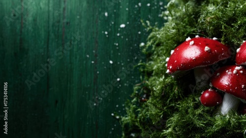 Vivid red mushrooms thrive among lush green moss, creating a captivating and enchanting scene that highlights the beauty of nature's intricate details and textures.