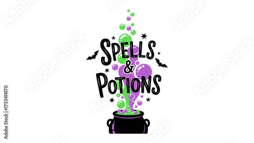 Spells & Potions Illustration: Enchanting graphic design of a cauldron bubbling with magical spells and vibrant potions.