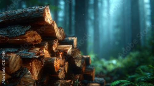 A serene view of stacked logs in a misty forest, showcasing the beauty and tranquility of nature with sunlight filtering through the trees, creating an enchanting ambiance.