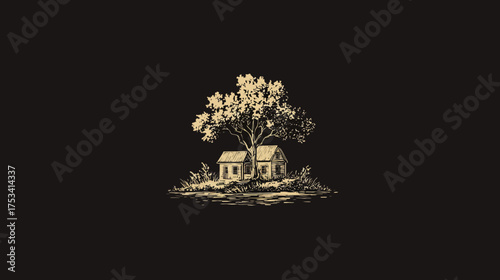 Vintage rustic illustration: cozy houses nestled under a grand tree, classic engraving style, sepia tones on dark background, home and nature concept.