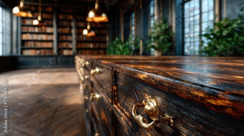 A beautifully crafted rustic wooden desk showcased in a cozy library with an elegant ambiance, featuring bookshelves filled with literature and decorative plants enhancing the atmosphere.