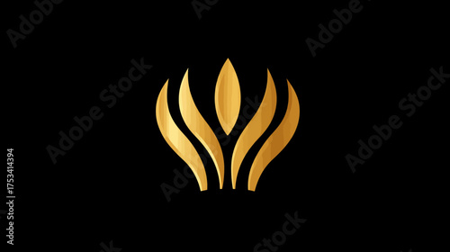 Luxurious golden abstract design element, elegant and modern symbol resembling a stylized plant or flame on a dark background.
