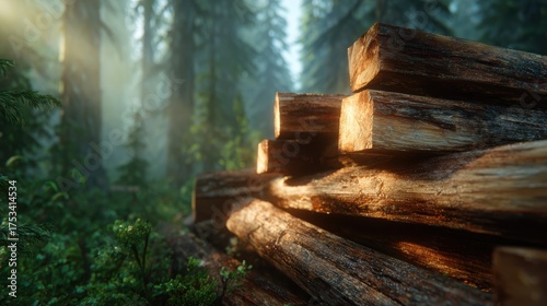 This serene image captures stacked logs glistening in soft sunlight, surrounded by lush greenery in a peaceful forest, evoking a sense of tranquility and connection to nature.