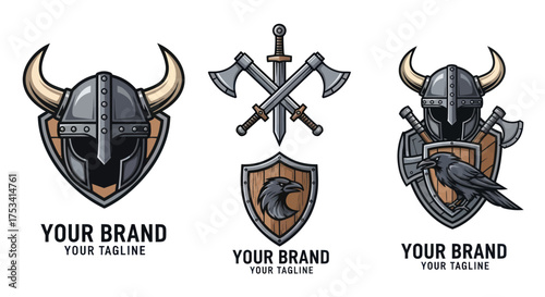 Viking Helmets and Shields Emblem Set.