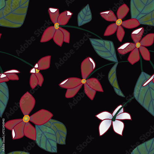Seamless pattern with digital drawing of flowers in shades of red and white with green leaves on a black background