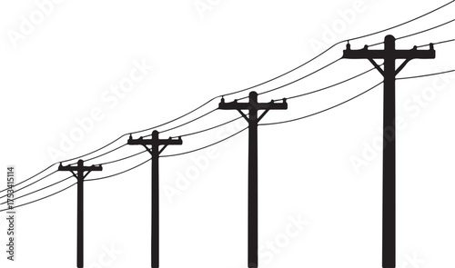 Black silhouettes of utility poles with wires against a white background power lines electricity