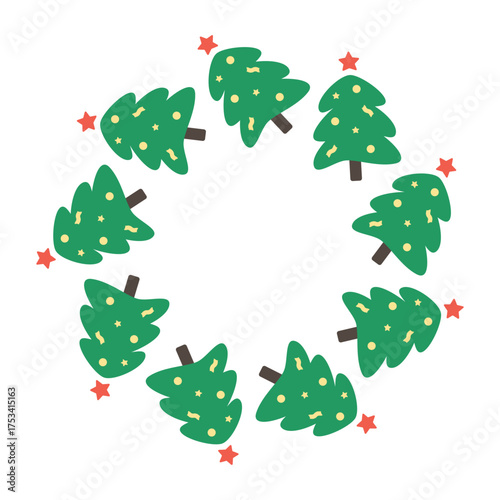 Holiday circle frame with fur tree. Vector illustration. Christmas decor wreath. New Year round garland with festive decorations.