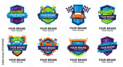 Collection of Eight Car Racing Logos with Shields and Flags.