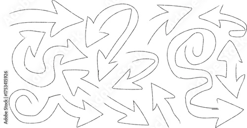 Collection of Hand Drawn Sketchy Arrows Pointing in Various Directions on White Background pointer drawing