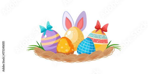 Easter eggs and Rabbit ears in the nest on transparent background.Greetings and presents for Easter day in flat lay styling.Promotion and shopping template for Easter .vector icon