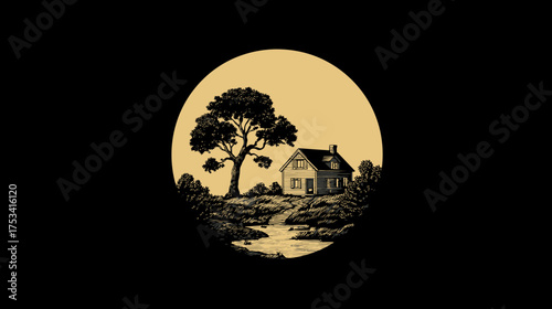 Classic woodcut style illustration of a charming rustic house, large tree, and winding path in a serene countryside setting, vintage graphic art.