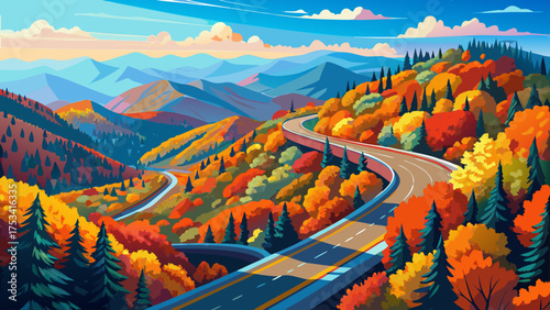 Very beautiful aerial drone view of autumn in the Blue Ridge Mountains near Asheville, North Carolina, showing vibrant red, yellow, and orange foliage along a curving mountain road.