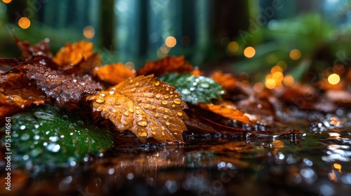 Vivid autumn leaves with sparkling dew glisten on a rain-soaked forest floor, creating a magical, peaceful atmosphere in nature, blending earthy colors with a touch of enchantment.