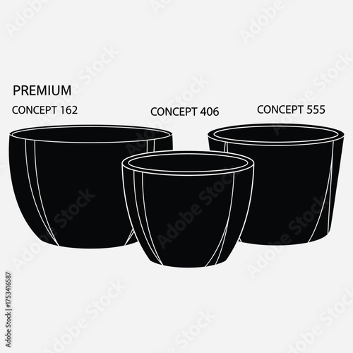 Illustrative Line Art of Three Modern Plant Pots in a Simple Black and White Design