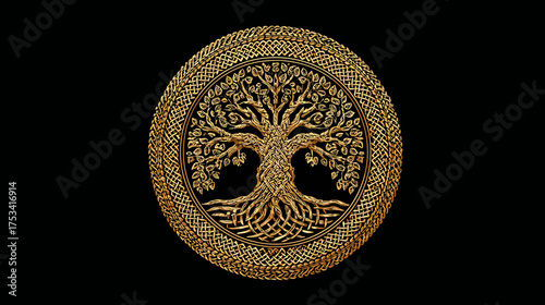 Ornate Golden Tree of Life Symbol with Intricate Circular Design on Black Background, Ancient Mythology Motif