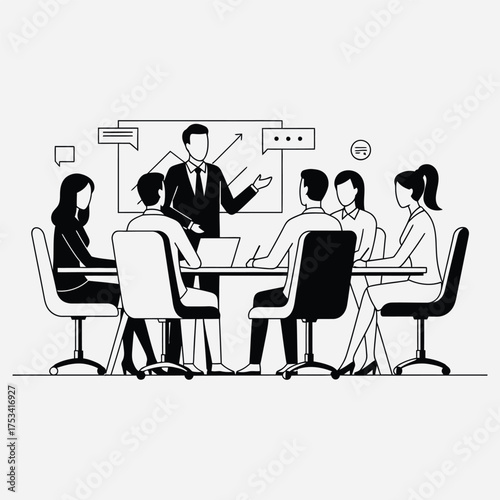 Business meeting in a modern office with a team discussing strategies during a presentation