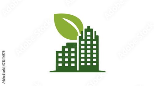 Green building and large leaf icon for eco-friendly urban architecture, sustainable construction, and environmental city development concept.