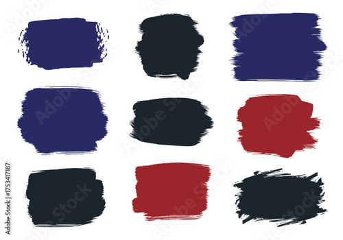 A collection of nine artistic brush stroke elements in navy blue deep blue and maroon colors.