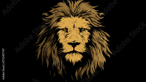 Majestic golden lion head illustration on a black background, a powerful symbol of strength, courage, and leadership.