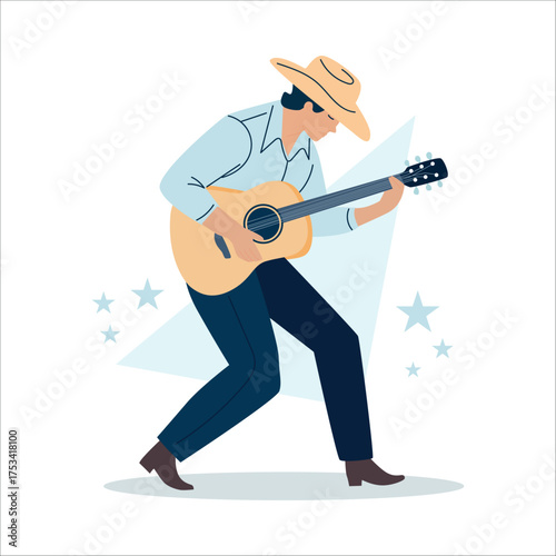 A young Caucasian man plays an acoustic guitar while wearing a cowboy hat. He is dressed in a light blue shirt and dark pants, performing energetically.