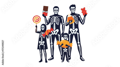 Spooky Treats: A family of skeletons stands together, each holding Halloween candies, symbolizing the joy and sweetness of the holiday. 