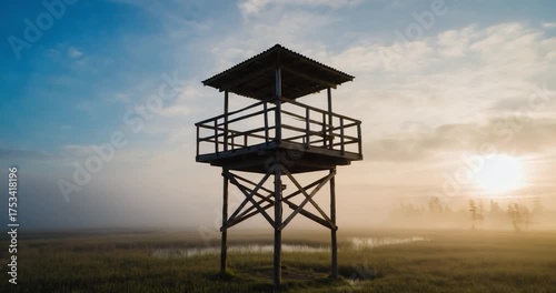 Wooden observation tower misty sunrise