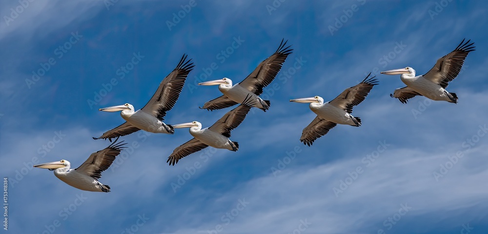 Obraz premium Group of seven pelicans soaring through a partly cloudy blue sky, wings outstretched