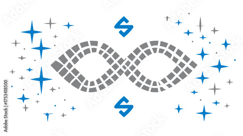 Abstract sparkling infinity symbol made of grey squares, surrounded by blue and grey stars, representing endlessness and unlimited potential.