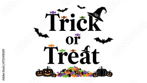 Trick or Treat Delight: Spooky bats dance above the festive text Trick or Treat, adorned with candies, a witch hat, and grinning pumpkins, all set against a backdrop of fallen autumn leaves.