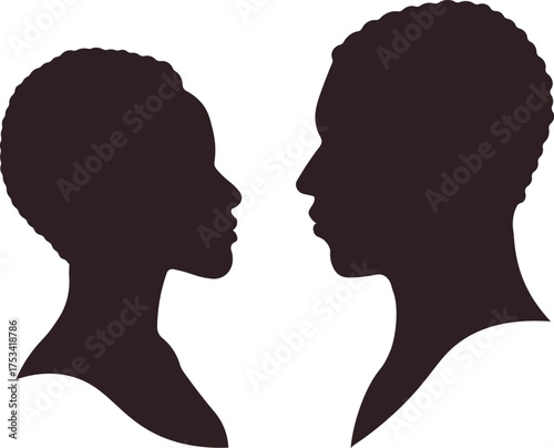 African man and woman profile silhouette looking at each other. Vector illustration of couple face to face