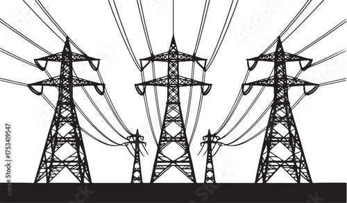 Tall electrical towers with wires stretching across power lines transmission towers