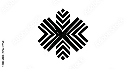Abstract black geometric symbol with radial chevron patterns on white. Modern minimalist design element resembling a star or snowflake icon.