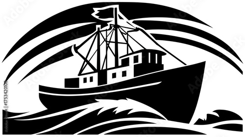 Dynamic woodcut style illustration of a fishing boat navigating rough ocean waves under a stylized sky, monochrome design.