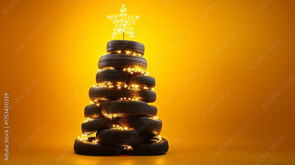 Obraz premium Creative Christmas Tree Made of Car Tires Decorated with Lights and a Star on a Warm Yellow Background, Holiday Automotive Concept
