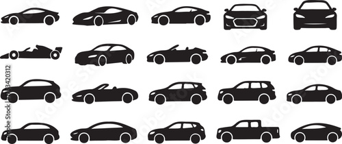 Set of black car silhouette icons representing various types of automobiles, isolated on transparent background