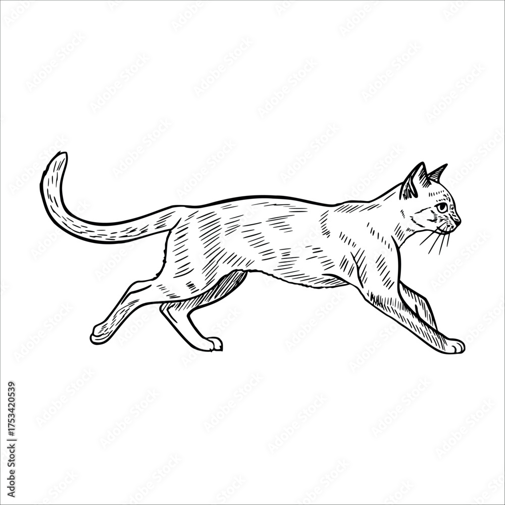 Fototapeta premium A sketch of a domestic cat walking gracefully. The cat has a slender body, pointed ears, and a long tail. Its fur is depicted with fine lines, showcasing its agility.