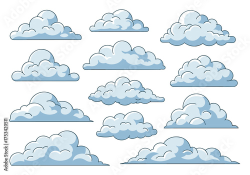A collection of fluffy cumulus clouds with stylized outlines set against a white background.