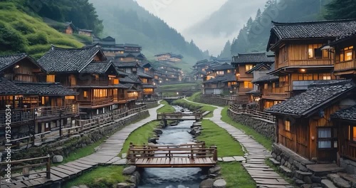 Wooden village valley scene